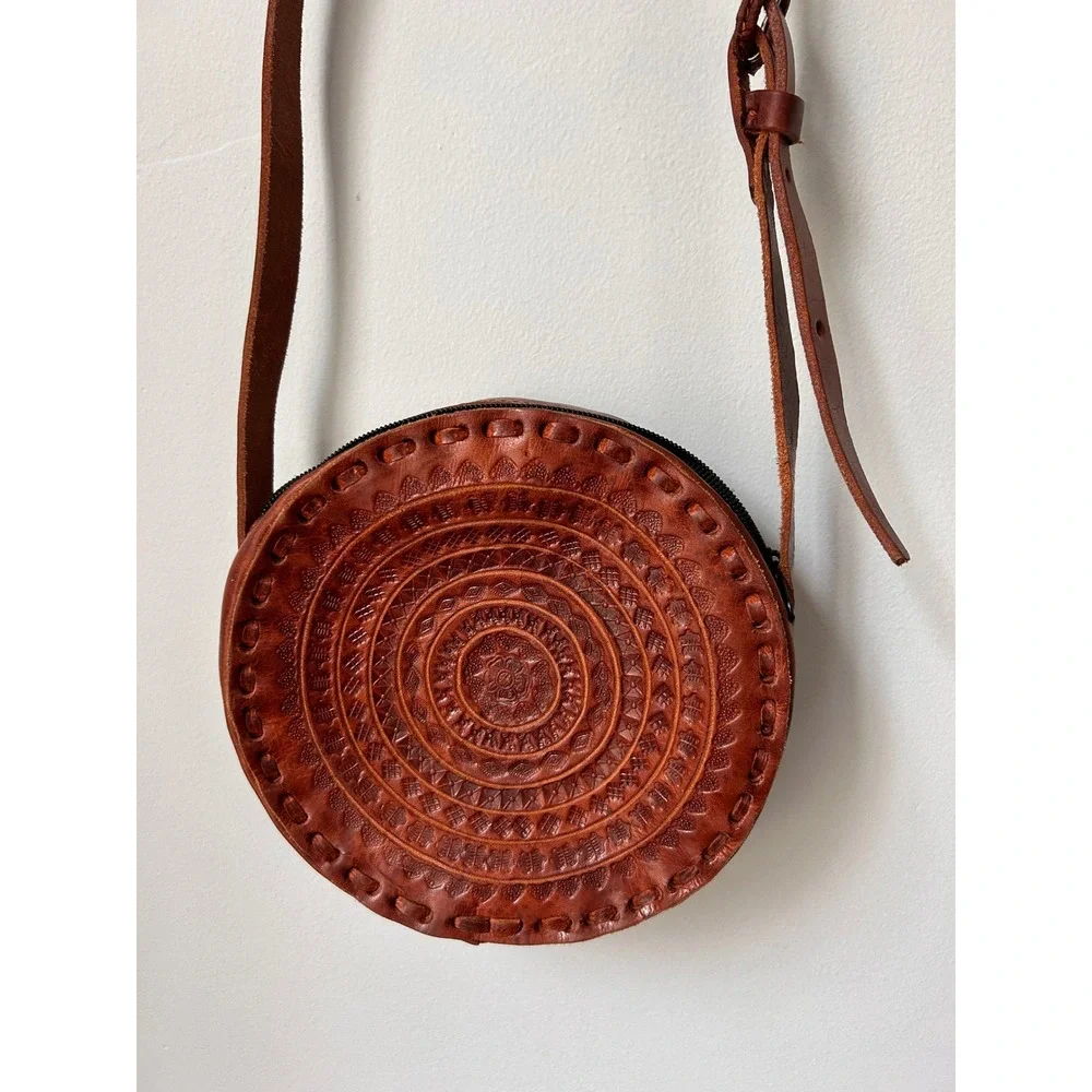 Handmade Round Leather Crossbody Bag Embossed Mandala Tooled Brown Boho Purse